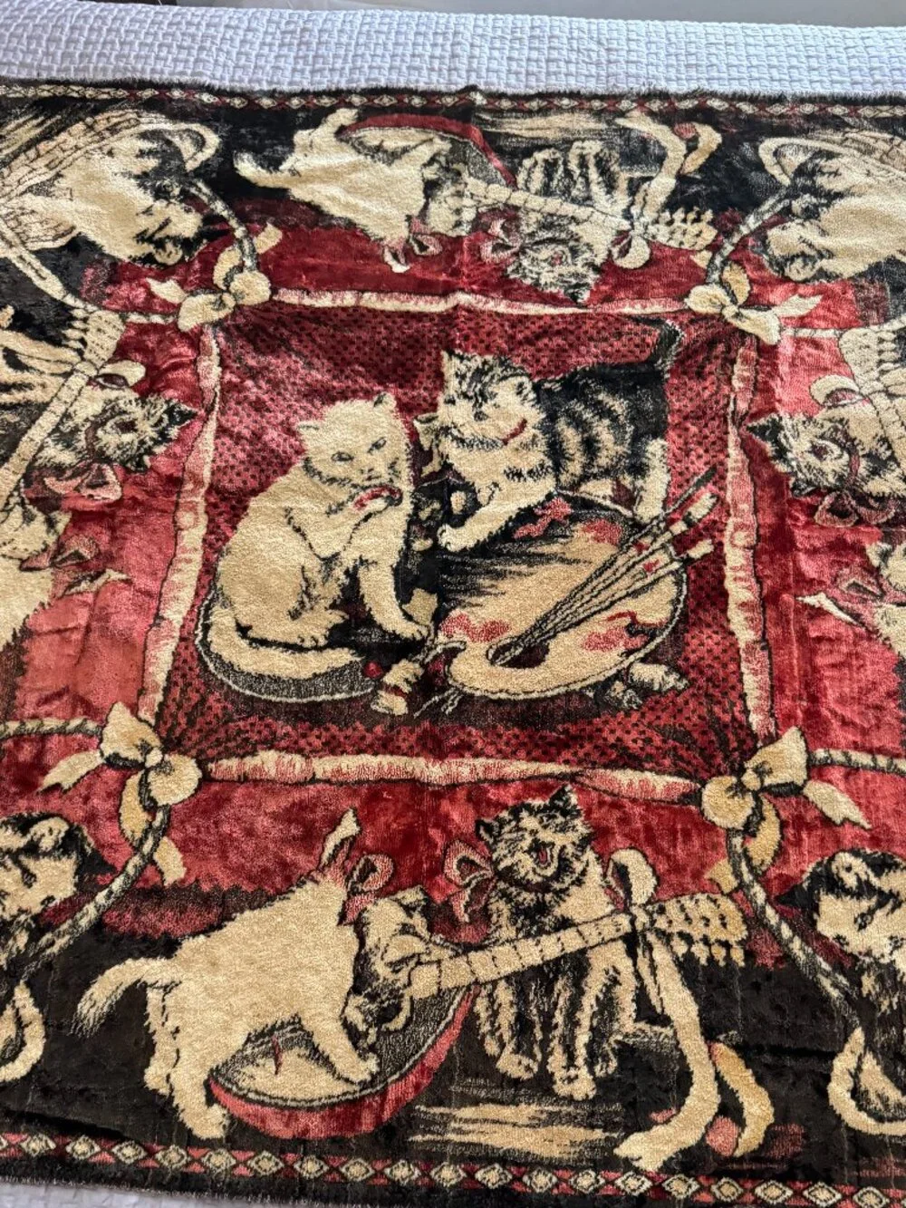 RARE Vintage Cat  Artists & Musicians  Velvet Tapestry Wall Hanging Rug 49x49